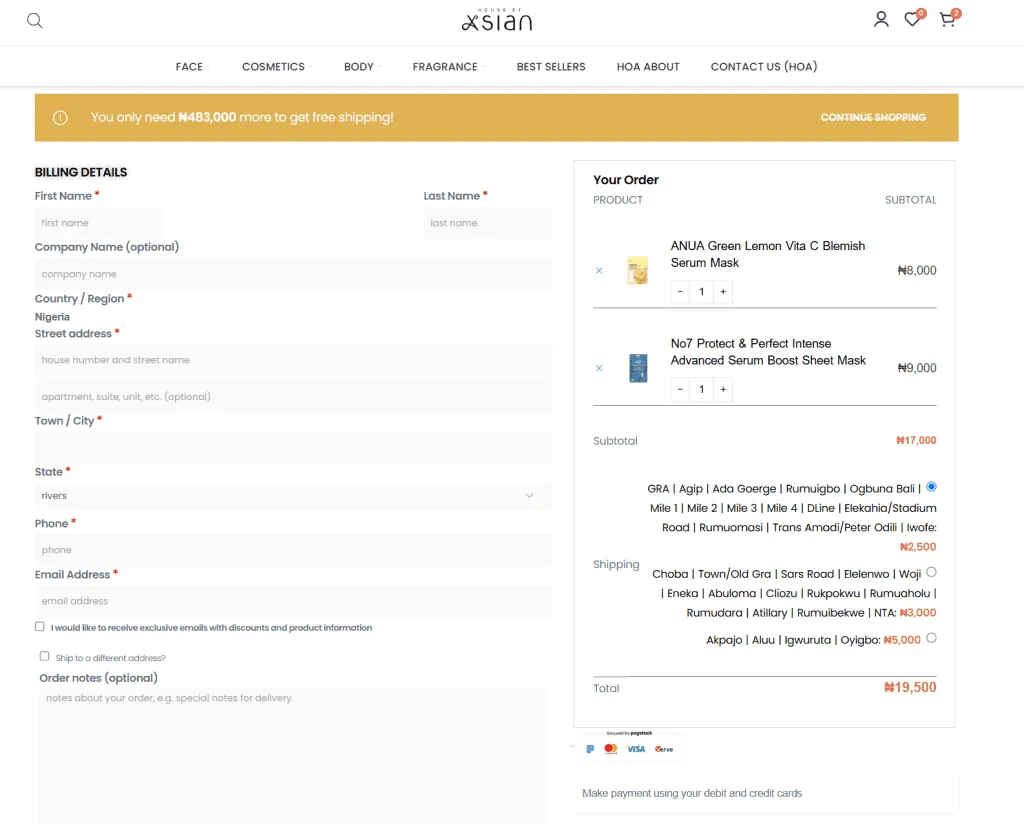 House of Asian Paystack integration at checkout
