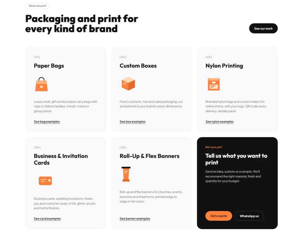 The Showcase Hub website: packaging and print services