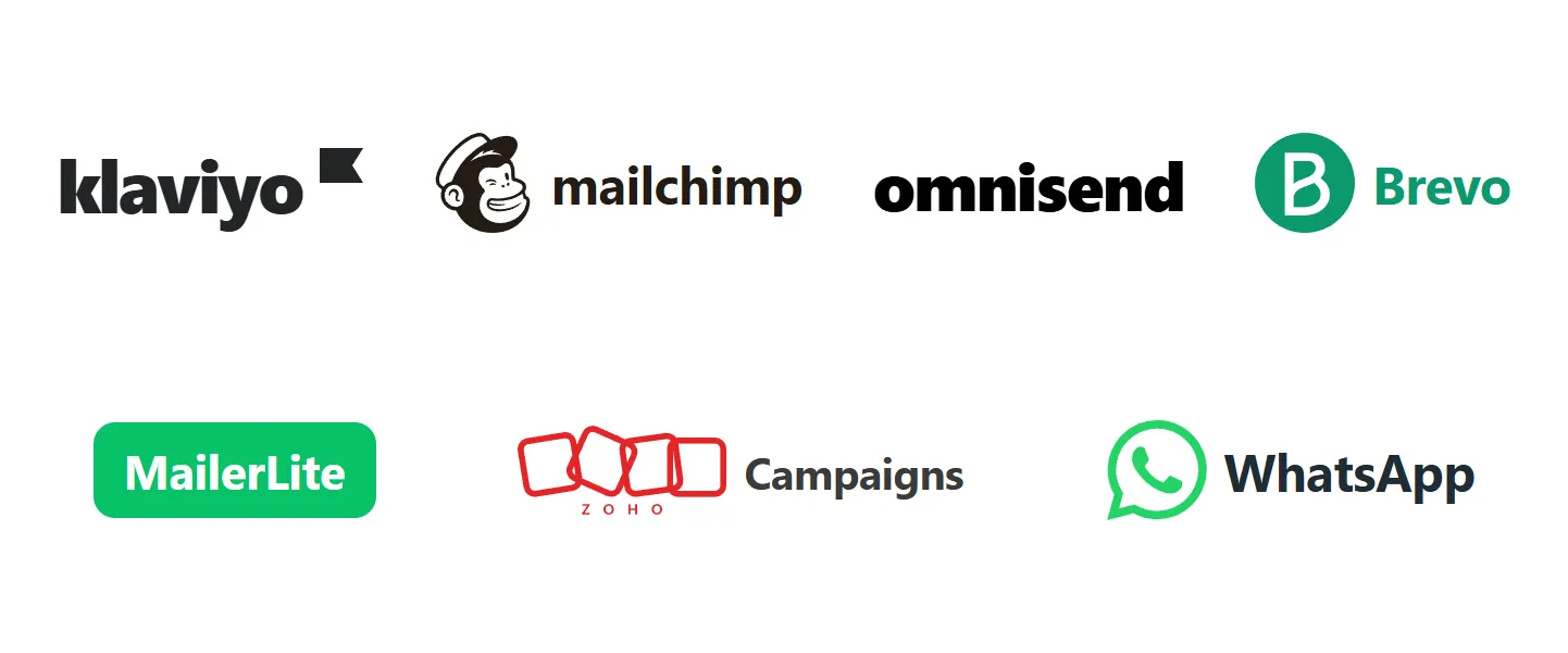 Klaviyo, Mailchimp, Omnisend, Brevo, MailerLite, Zoho Campaigns and WhatsApp logos