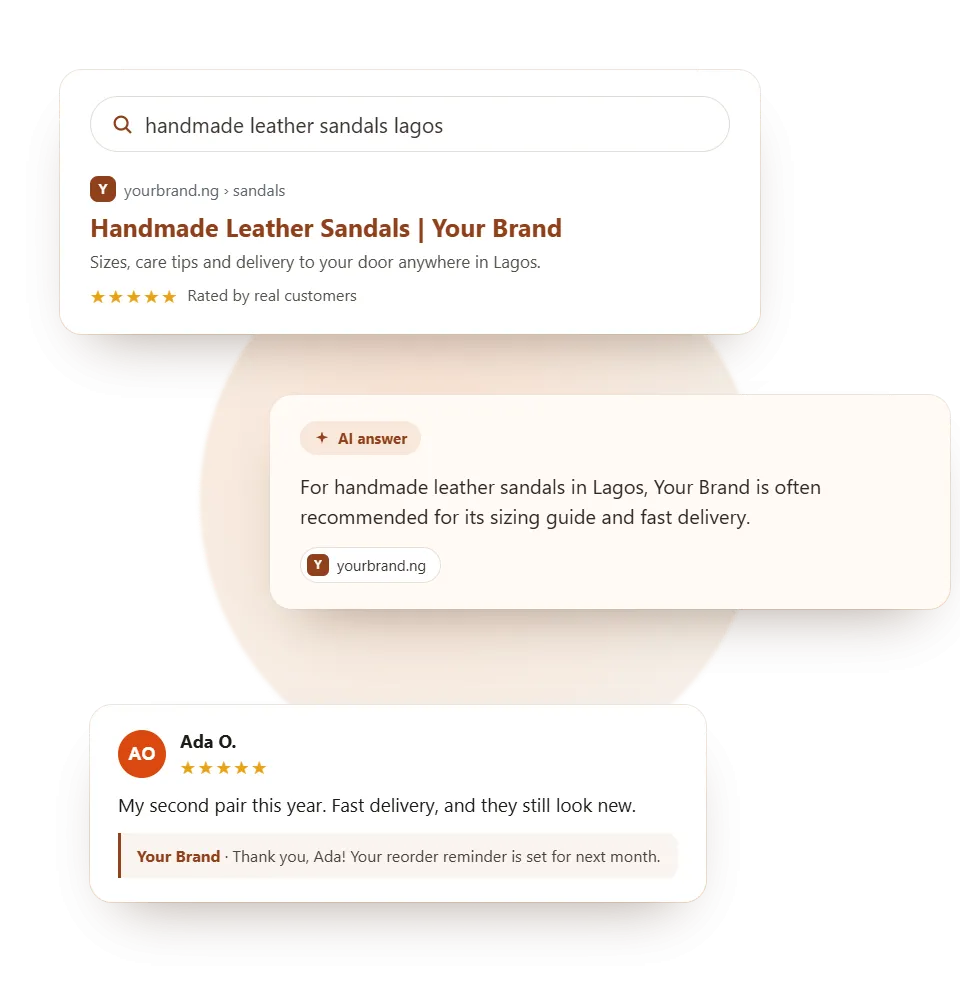 A brand found on Google, quoted in an AI answer and trusted in its reviews: SEO, GEO and reputation management